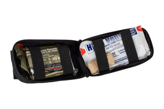 North American Rescue ROO M-FAK Mini First Aid Kit in black features trauma treatment supplies